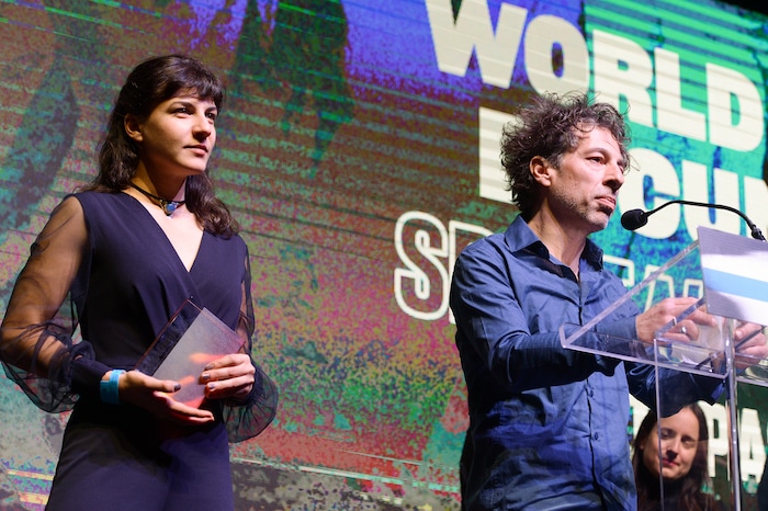 Leah Hogsten  |  The Salt Lake Tribune  l-r Directors Tamara Kotevska and Ljubomir Stefanov accept the award for World Cinema Grand Jury Prize: Documentary for their film Honeyland during the awards ceremony for the 2019 Sundance Film Festival at the Basin Fieldhouse in Park City, Feb. 2, 2019. 