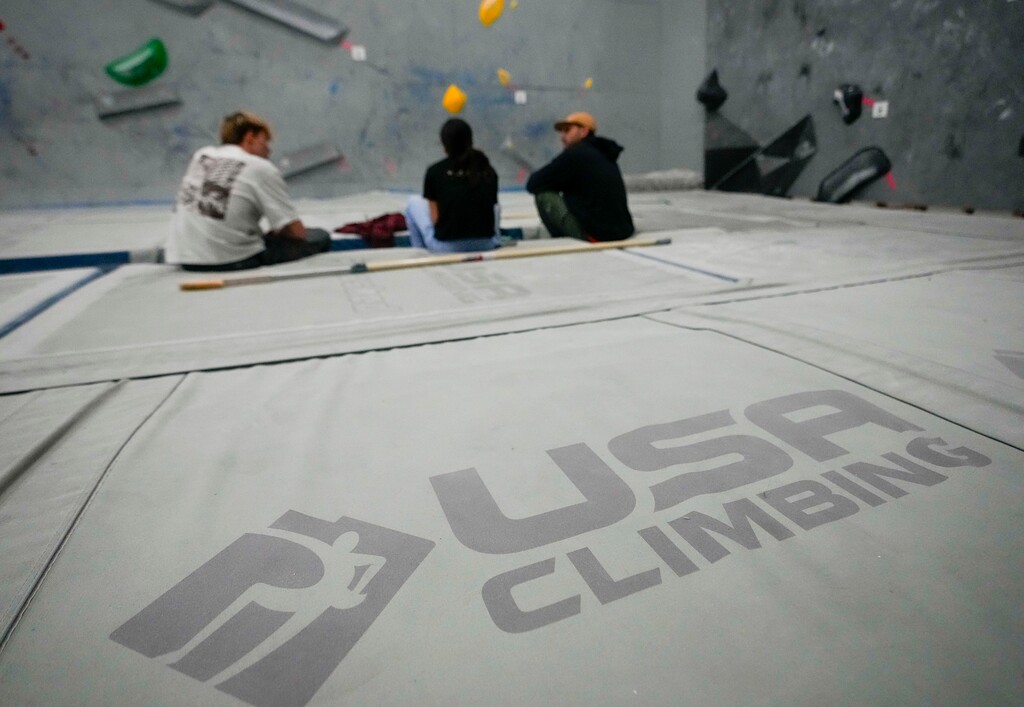 (Bethany Baker  |  The Salt Lake Tribune) Climbers practice at the current Salt Lake City home of USA Climbing, Thursday, Jan. 18, 2024.