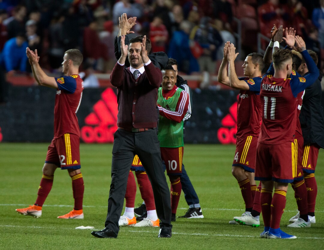 (Rick Egan  |  The Salt Lake Tribune).  Real Salt Lake head coach Mike Petke celebrates with his team after Real Salt Lake beat Atlanta United 2-1in MLS soccer action between Real Salt Lake and Atlanta United at Rio Tinto Stadium in Sandy, Friday, May 24, 2019.