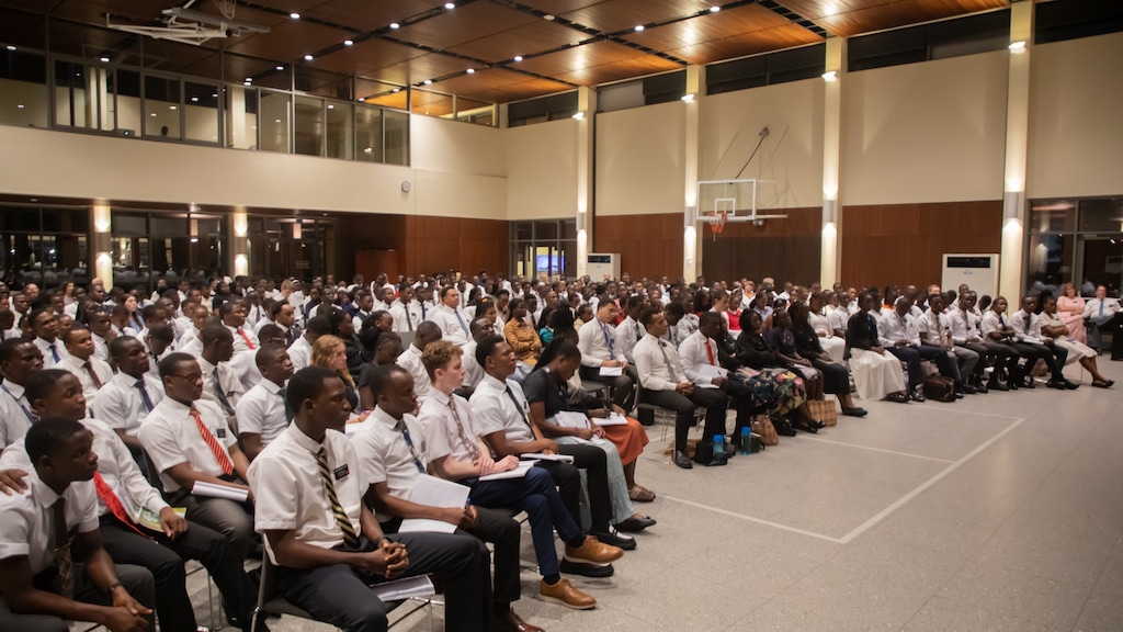 (The Church of Jesus Christ of Latter-day Saints) Missionaries from the Ghana Missionary Training Center gather to hear apostle Quentin L. Cook speak in early 2026.