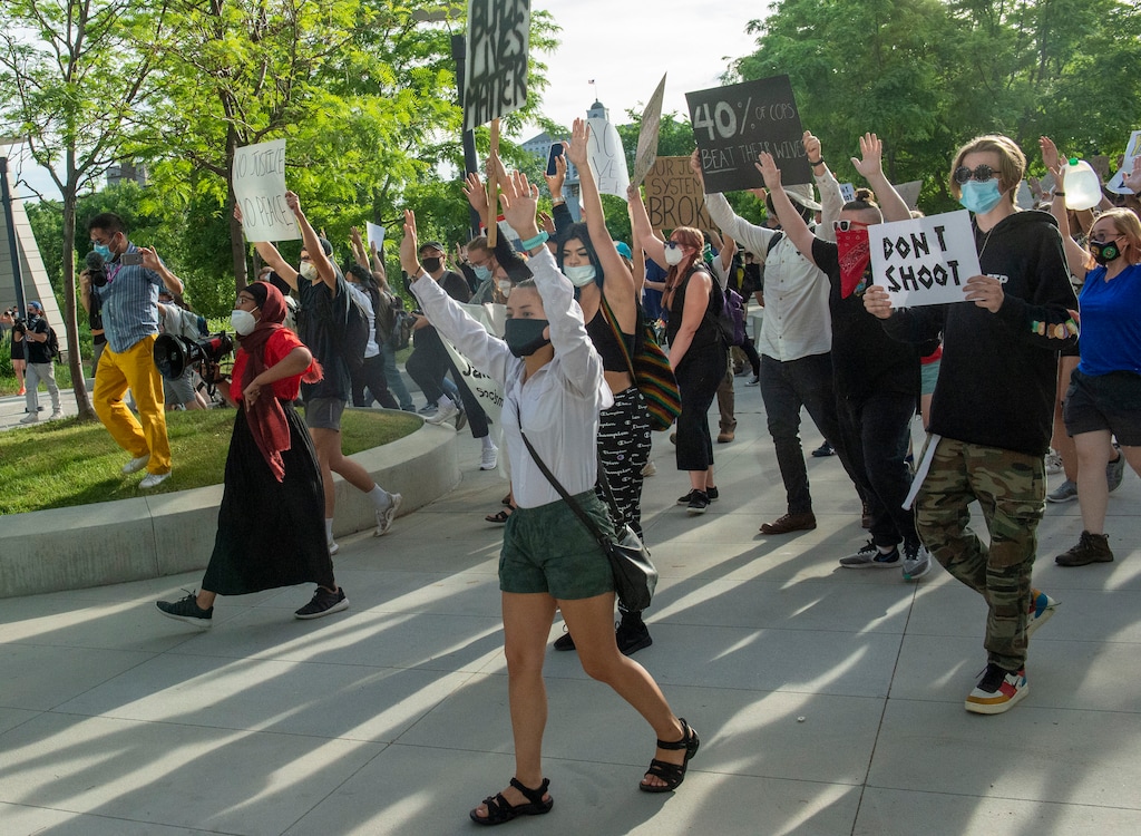 (Rick Egan  |  The Salt Lake Tribune) Protesters march to the Salt Lake City Public Safety Building, during a demonstration organized by the Party for Socialism and Liberation, Monday, June 1, 2020.