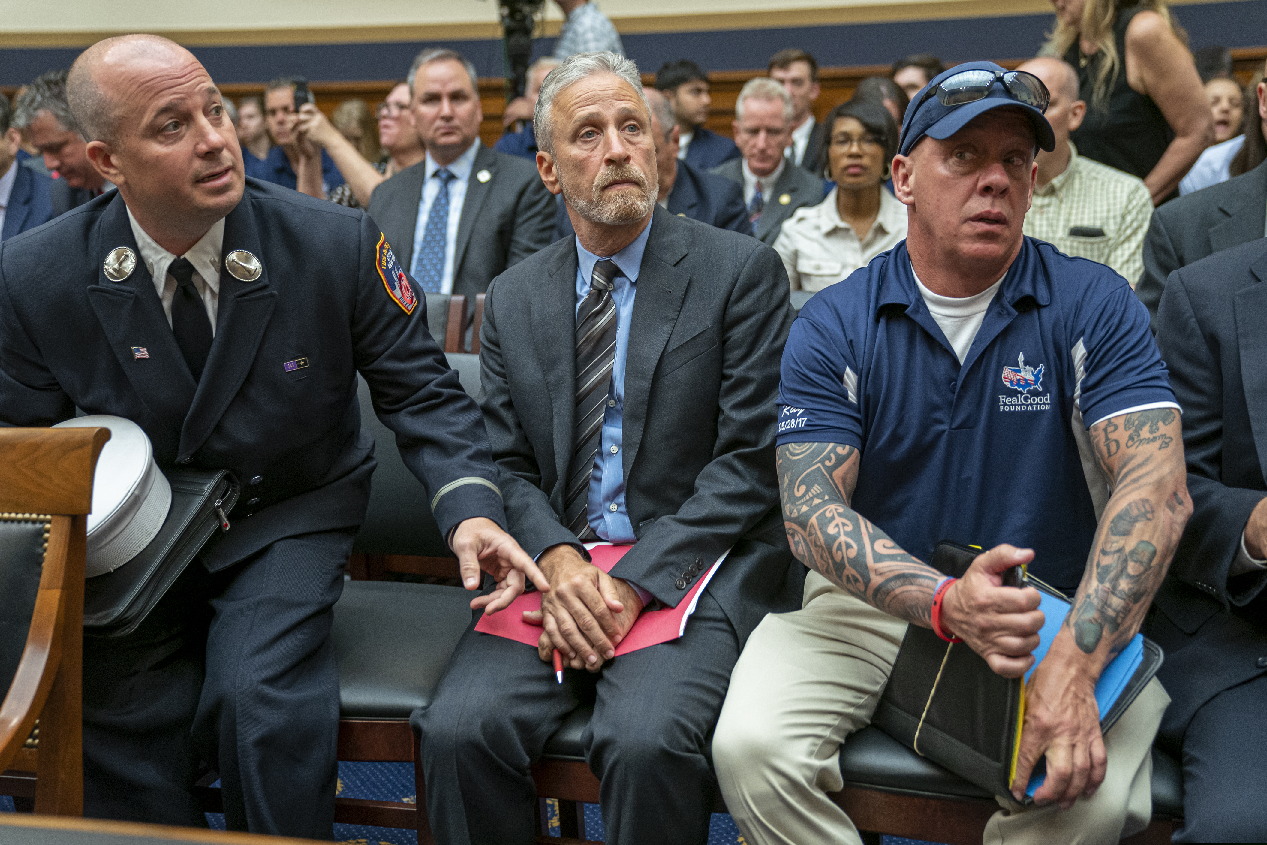 Entertainer and activist Jon Stewart lends his support to firefighters, first responders and survivors of the September 11 terror attacks at a hearing by the House Judiciary Committee as it considers permanent authorization of the Victim Compensation Fund, on Capitol Hill in Washington, Tuesday, June 11, 2019. (AP Photo/J. Scott Applewhite)