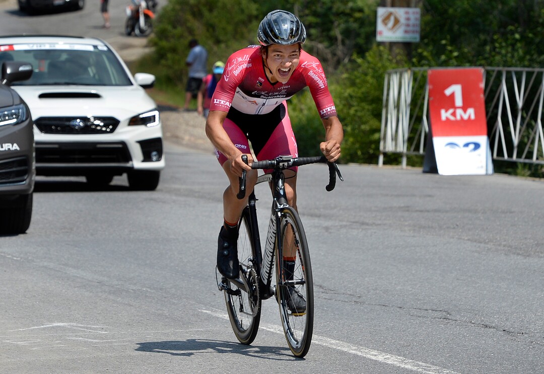 (Scott Sommerdorf   |  The Salt Lake Tribune)   Rider Adam DeVos shows some fatigue and determination as he nears the finish line for stage 3 at the Tour of Utah in Big Cottonwood Canyon, Wednesday, August 2, 2017.