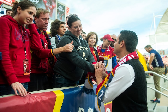 (Chris Detrick  |  The Salt Lake Tribune)  Real Salt Lake Head Coach Mike Petke talks with fans after the game at Rio Tinto Stadium Sunday, October 22, 2017.  