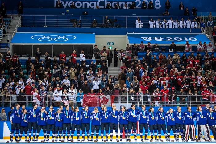 (Chris Detrick  |  The Salt Lake Tribune) Members of team USA sing the National Anthem after winning the Women's Gold Medal Game at Gangneung Hockey Centre during the Pyeongchang 2018 Winter Olympics Thursday, Feb. 22, 2018. United States defeated Canada 3-2 in a shootout victory. 