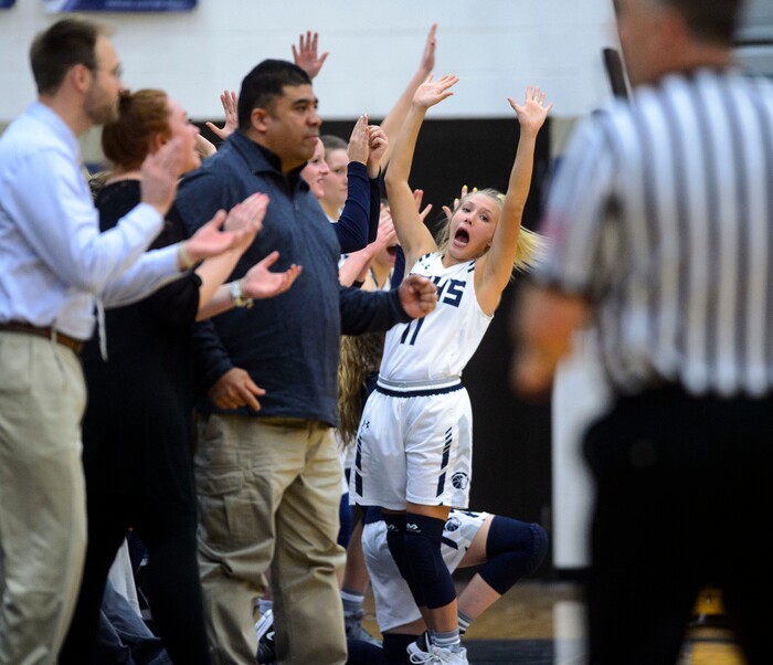 (Steve Griffin  |  The Salt Lake Tribune) The Corner Canyon bench erupts after a made three pointer during game against Timpview at Corner Canyon High School in Draper Tuesday January 16, 2018.