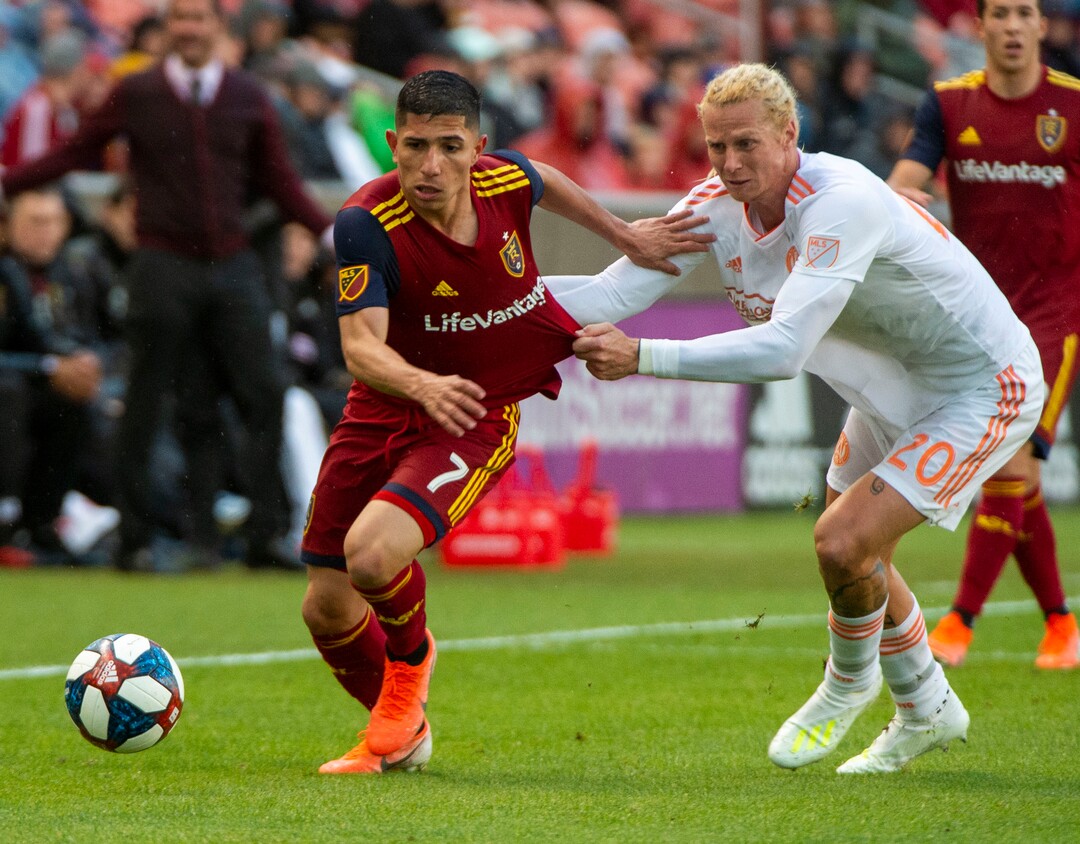 (Rick Egan  |  The Salt Lake Tribune)  Real Salt Lake forward Jefferson Savarino (7) tries to get past Atlanta United midfielder Brek Shea (20), in MLS soccer action between Real Salt Lake and Atlanta United at Rio Tinto Stadium in Sandy, Friday, May 24, 2019.