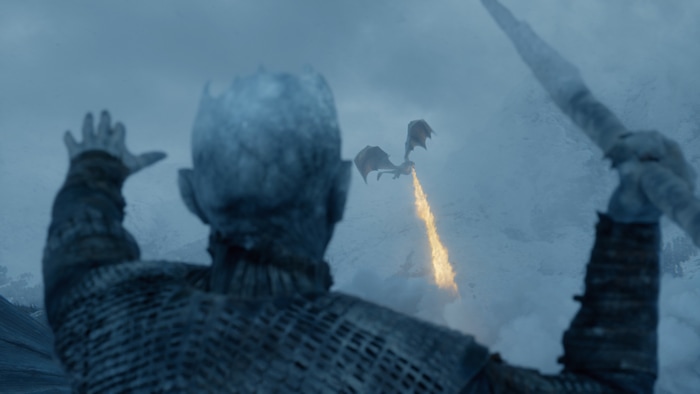 (Courtesy of HBO) The Night King (Vladimir Furdik) takes aim at Viserion in “Game of Thrones."