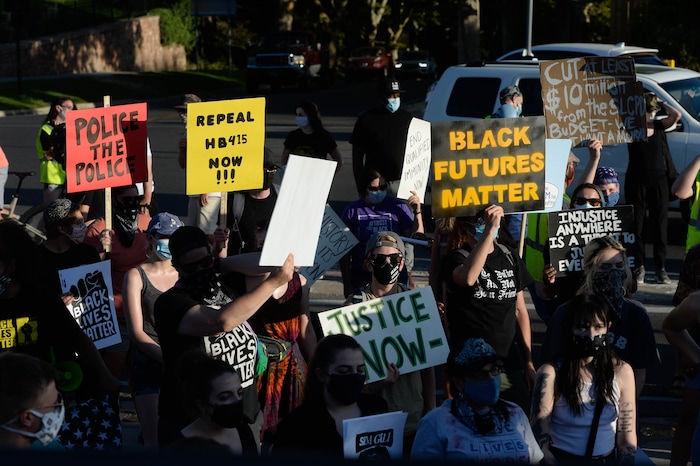 (Francisco Kjolseth  |  The Salt Lake Tribune) As part of national day of protest against police crimes, the National Alliance Against Racist and Political Repression, the Salt Lake Civilian Police Accountability Council and other groups gather at the Utah Capitol on Saturday, July 18, 2020, before marching to the Governor’s mansion to demand for a special session to repeal HB 415, which prohibits municipalities from establishing a board or committee with regulatory power over police departments.