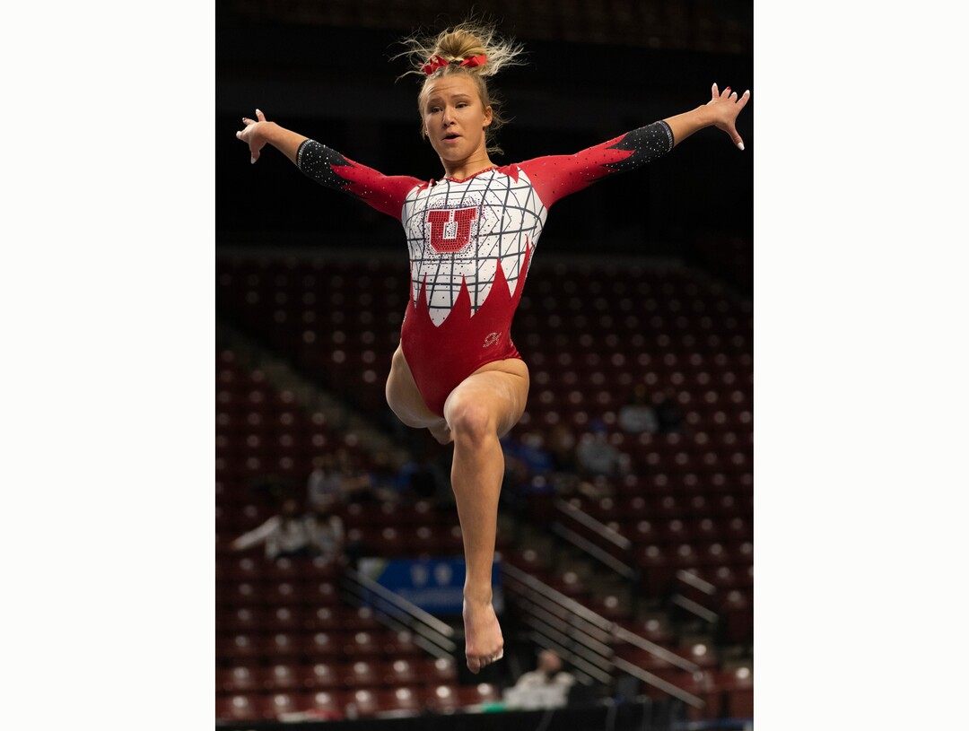 (Rick Egan | The Salt Lake Tribune) Abby Paulson competes on the floor for Utah in the PAC-12 Gymnastics Championship tournament at the Maverik Center, on Saturday, March 20, 2021.