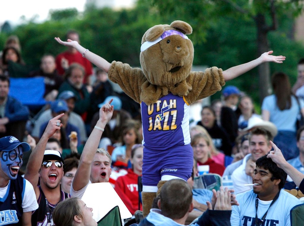 (Rick Egan | The Salt Lake Tribune) Mallory Lambert wears a bear costume as she celebrates with the fans on the plaza in front of the Energy Solutions Arena, for game four of the Western Conference Finals, in Salt Lake City, on May 28, 2007.  
