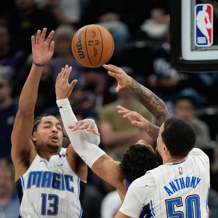 (Francisco Kjolseth  | The Salt Lake Tribune) Utah Jazz guard Keyonte George (3) is blocked by Orlando Magic guard Jett Howard (13) and Orlando Magic guard Cole Anthony (50) as the Utah Jazz host the Orlando Magic during NBA basketball at the Delta Center in Salt Lake City on Saturday, February. 1, 2025.
