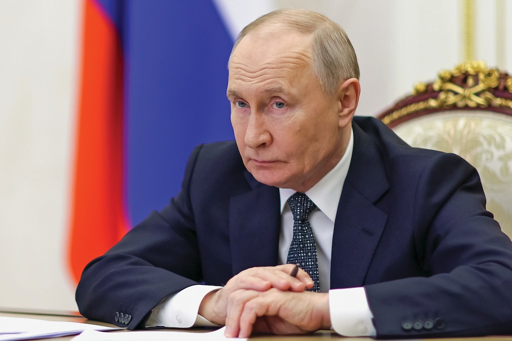 Russian President Vladimir Putin chairs a meeting of the Presidential Council for Culture and Art via videoconference at the Kremlin in Moscow, Wednesday, March 25, 2026. (Gavriil Grigorov/Sputnik, Kremlin Pool Photo via AP)