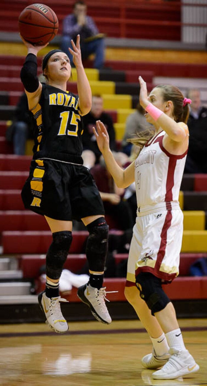 (Trent Nelson | The Salt Lake Tribune)  Roy's Kay Poppell  shoots as the Viewmont Vikings host the Roy Royals, girls high school basketball in Bountiful, Wednesday January 31, 2018.