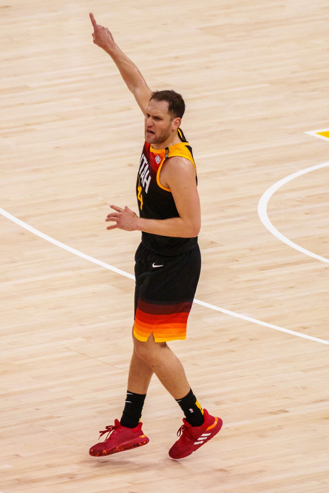 (Trent Nelson  |  The Salt Lake Tribune) Utah Jazz forward Bojan Bogdanovic (44) after hitting a three-pointer as the Utah Jazz host the Los Angeles Clippers in a Game 5 matchup, NBA basketball in Salt Lake City on Wednesday, June 16, 2021.