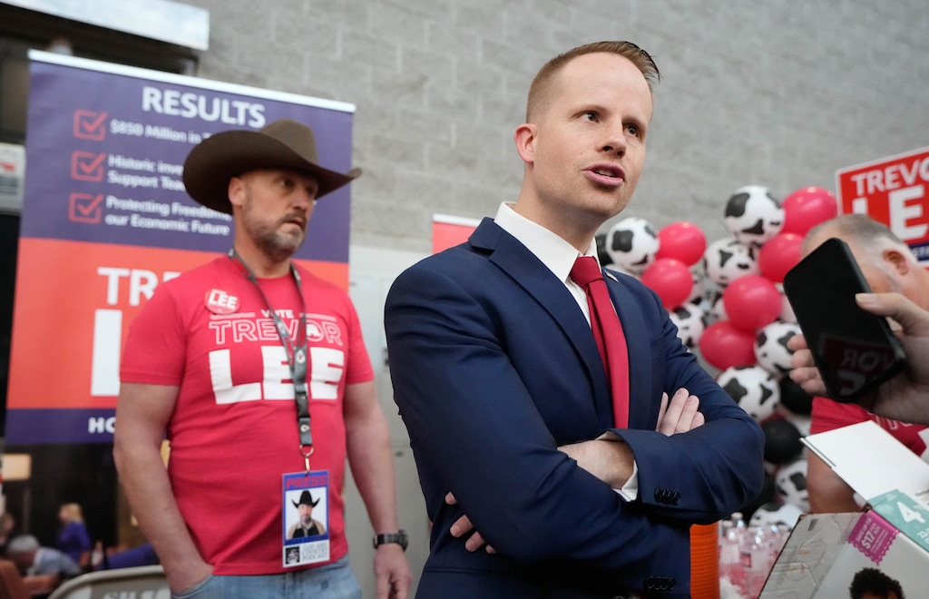 (Francisco Kjolseth | The Salt Lake Tribune) Rep. Trevor Lee, R-Layton, running for reelection, speaks with delegates during the Davis County Republican Party nominating convention at Syracuse High School on Saturday, April 18, 2026.