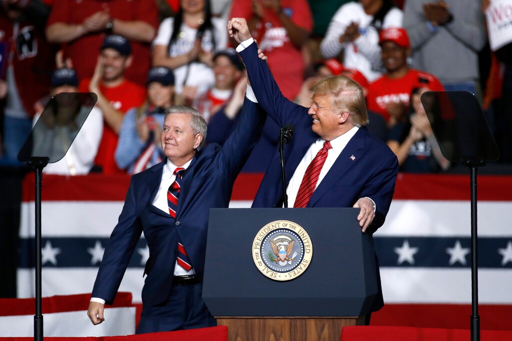 (Patrick Semansky | AP file photo)

In this Feb. 28 photo, Sen. Lindsey Graham, R-S.C., left, stands onstage with President Donald Trump during a campaign rally, in North Charleston, S.C. Perhaps the most highly anticipated election contest coming up in South Carolina is Graham’s pursuit of a fourth term in office. A general election matchup with Democrat Jaime Harrison all but certain, Graham has also drawn a handful of Republican challengers, as well as Constitution and Libertarian party opponents.