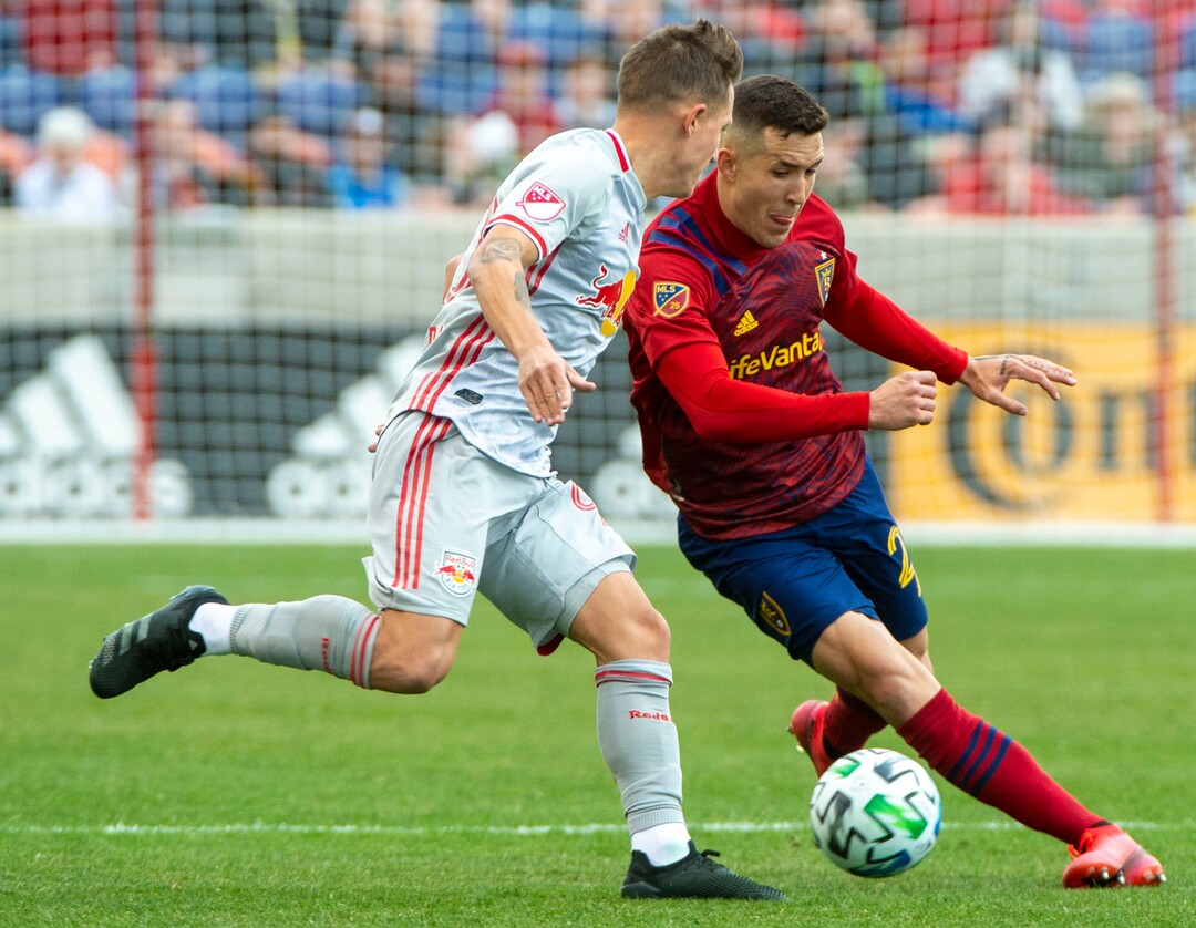 (Rick Egan  |  The Salt Lake Tribune)   Real Salt Lake defender Aaron Herrera (22) kicks the ball, in MLS acton between Real Salt Lake and the New York Red Bulls at Rio Tinto Stadium, Saturday, March 7, 2020.