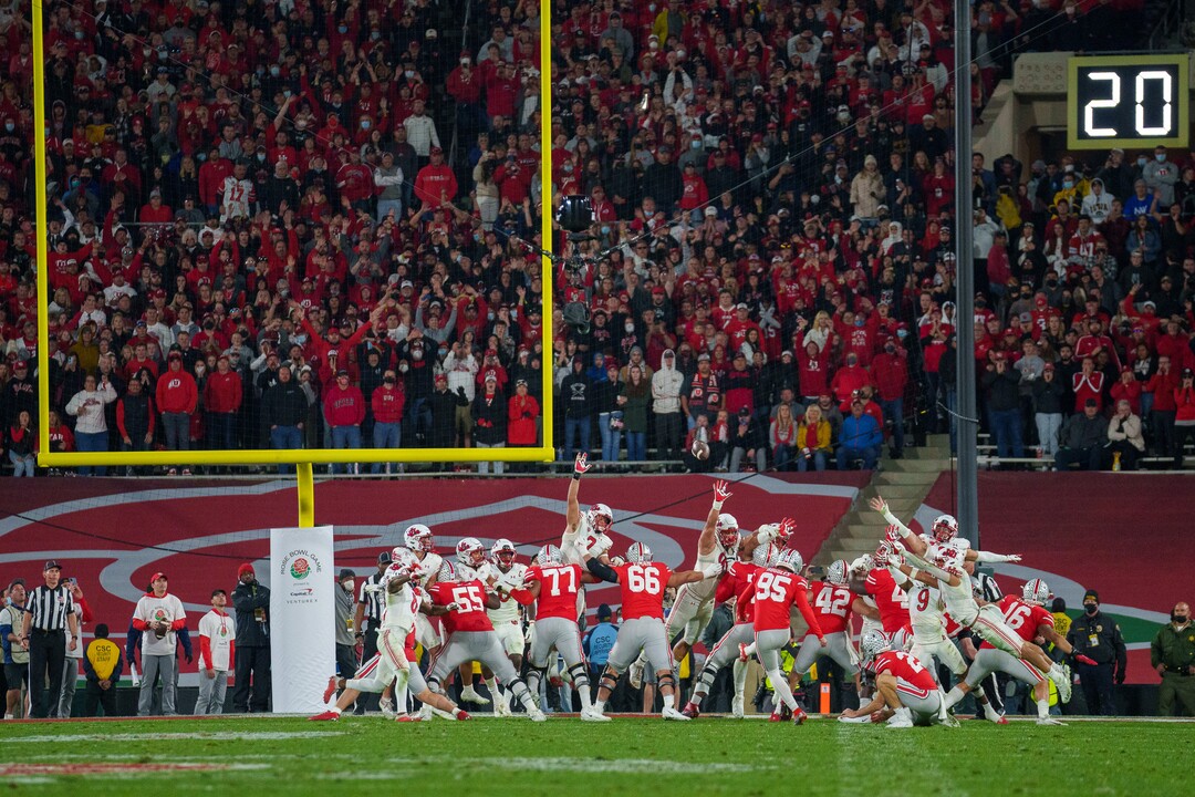 (Trent Nelson  |  The Salt Lake Tribune) Ohio State Buckeyes place kicker Noah Ruggles (95) kicks the game-winner as the Utah Utes face the Ohio State Buckeyes at the Rose Bowl in Pasadena, Calif., on Saturday, Jan. 1, 2022.