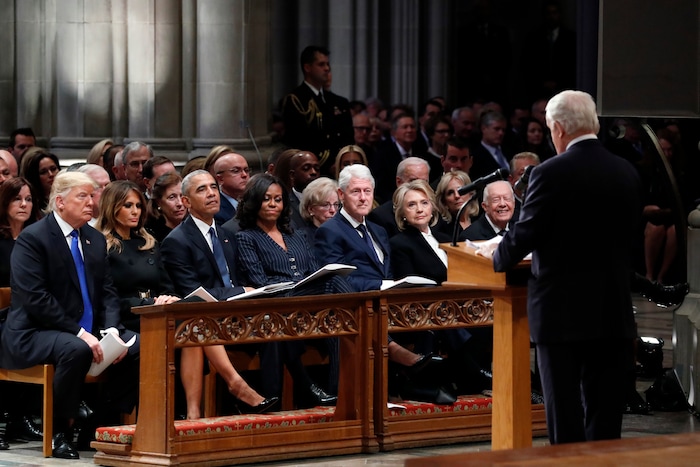 From left, President Donald Trump, first lady Melania Trump, former President Barack Obama, Michelle Obama, former President Bill Clinton, former Secretary of State Hillary Clinton, and former President Jimmy Carter listen as former Canadian Prime Minister Brian Mulroney speaks during a State Funeral at the National Cathedral, Wednesday, Dec. 5, 2018, in Washington, for former President George H.W. Bush. (AP Photo/Alex Brandon, Pool)