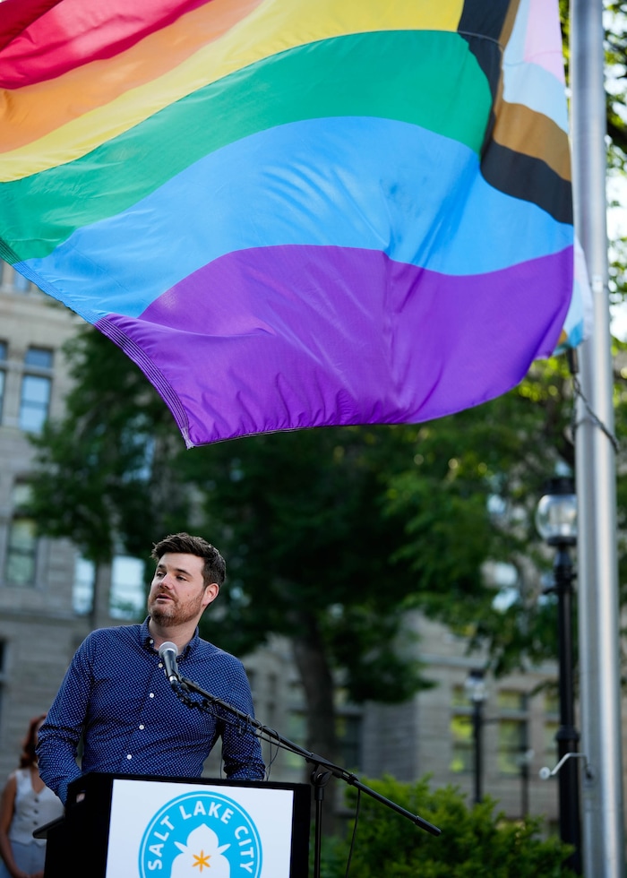 (Francisco Kjolseth | The Salt Lake Tribune) Salt Lake City council member Chris Wharton joins in the annual raising of the pride flag at City Hall to kickstart a month of festivities for Utah Pride on Friday, May 30, 2025. It is especially notable this year given the state tried to stop the pride flag from flying over government grounds.