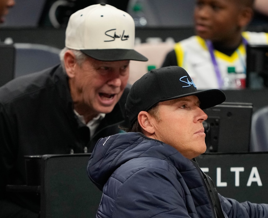 (Francisco Kjolseth | The Salt Lake Tribune) Danny Ainge, CEO of the Utah Jazz, and team owner Ryan Smith on the sidelines at the Delta Center in 2025.