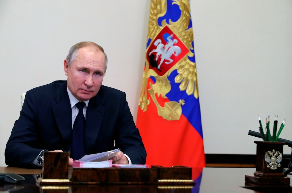 (Mikhail Klimentyev, Sputnik, Kremlin Pool Photo via AP)

Russian President Vladimir Putin attends a meeting with leaders of the State Duma, the Lower House of the Russian Parliament factions via video conference residence at the Novo-Ogaryovo outside Moscow, Russia, Wednesday, Feb. 17, 2021.