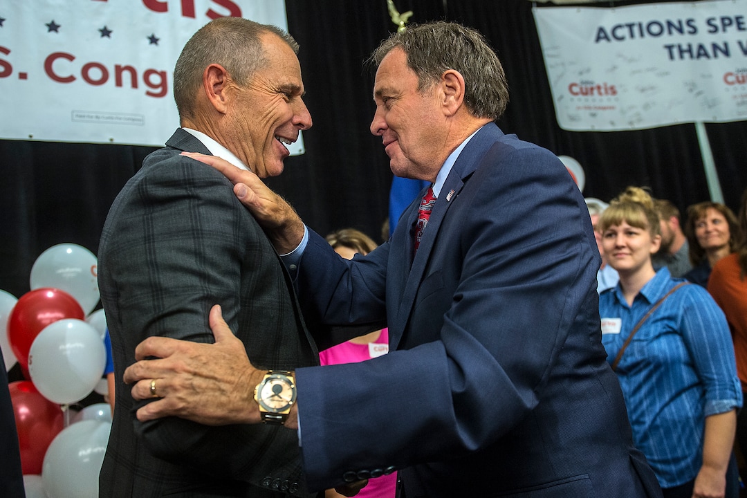 (Chris Detrick  |  The Salt Lake Tribune)  Provo Mayor John Curtis and Governor Gary R. Herbert talk during his election night party at the Provo Marriott Hotel & Conference Center Tuesday, August 15, 2017. 