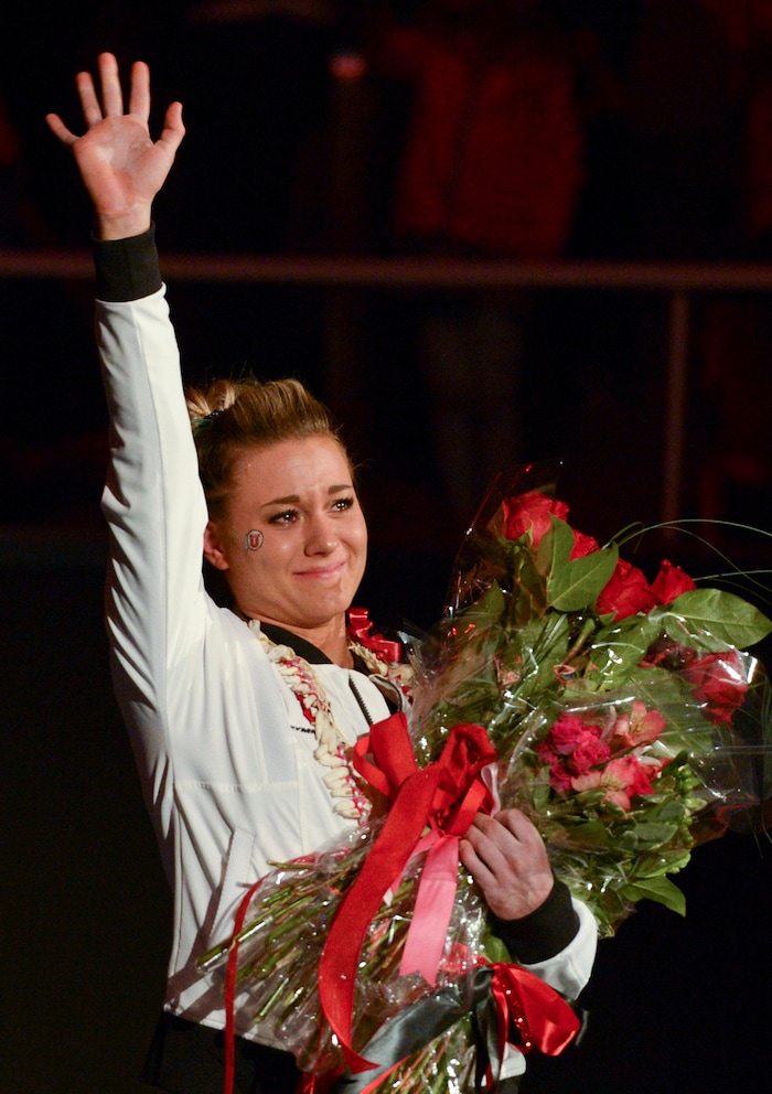 (Leah Hogsten  |  The Salt Lake Tribune) Senior Tiffani Lewis thanks the fans as the No. 4 Utah gymnasts host No. 20 Georgia in the final regular season meet at Jon M Huntsman Center in Salt Lake City Friday, March 16, 2018. 