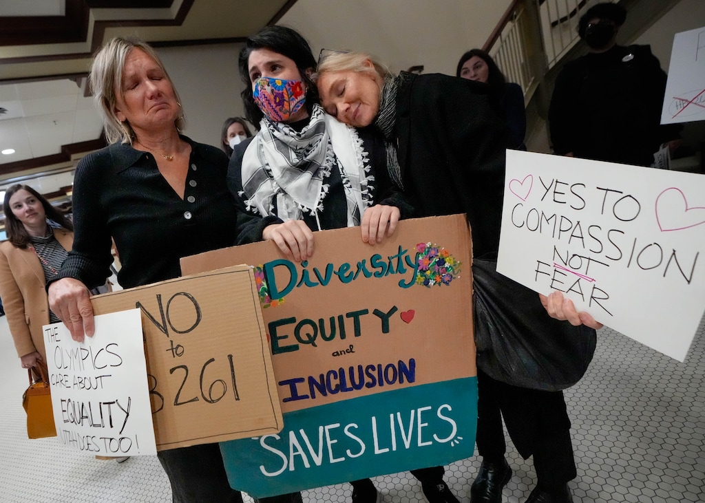(Francisco Kjolseth | The Salt Lake Tribune) Marilee Coles-Ritchie, Michelle Thorley, and Deann Coles, from left, join a silent rally at the Utah Capitol before the Senate Education Committee hears HB261, the anti-DEI bill that aims to dismantle diversity offices in Utah public education and government, on Monday, Jan. 22, 2024. Utah's public colleges and universities say their numbers support diversity efforts and prove they work. Utah Gov. Spencer Cox, though, is soon expected to sign the bill into law.