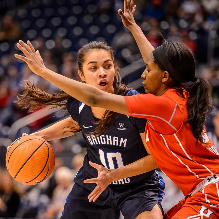 (Trent Nelson | The Salt Lake Tribune)  Brigham Young Cougars forward Malia Nawahine (10) and Utah Utes guard Erika Bean (11) as BYU hosts Utah, NCAA women's basketball in Provo, Saturday December 9, 2017.