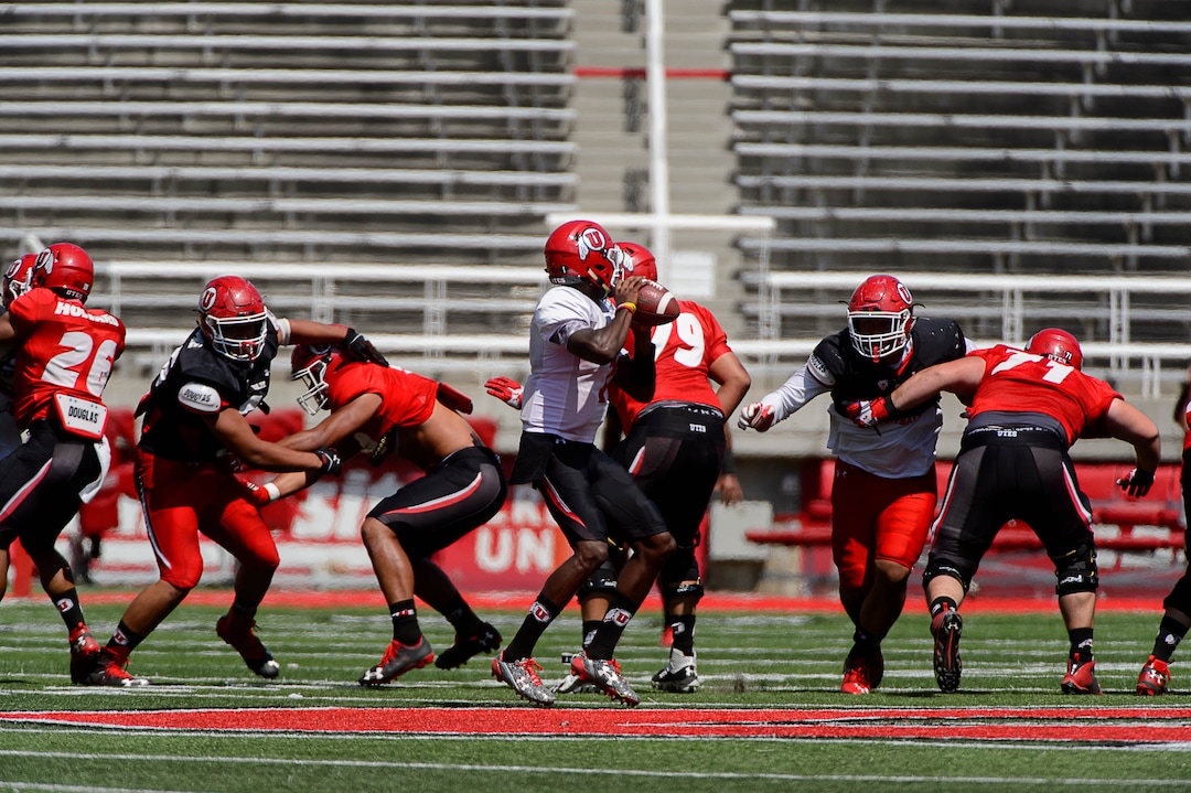 Trent Nelson  |  The Salt Lake TribuneUtah quarterback Tyler Huntley looks to pass during Utah's second fall scrimmage at Rice-Eccles Stadium in Salt Lake City, Tuesday August 16, 2016.