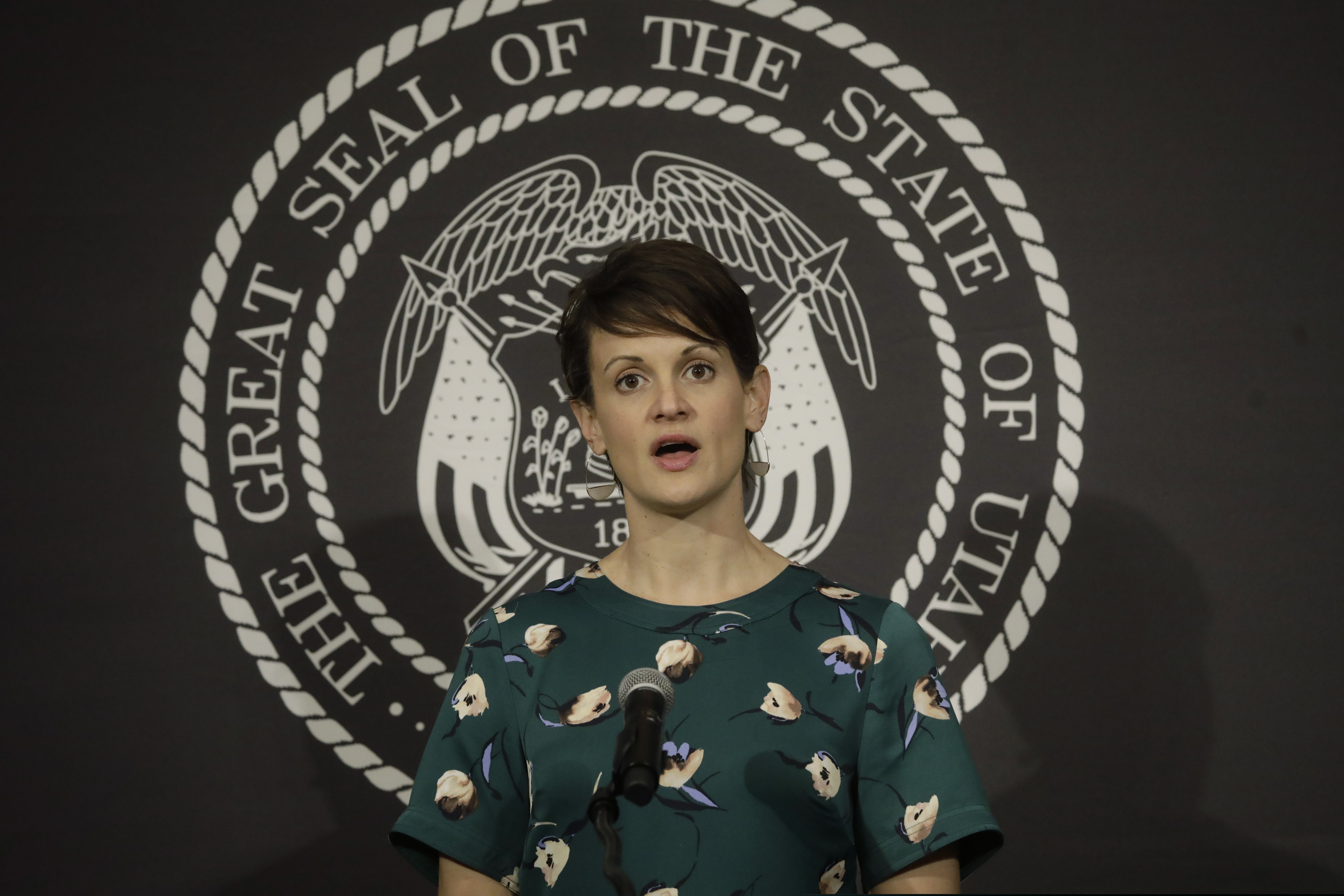 Dr. Angela Dunn, state epidemiologist from the Utah Department of Health, speaks during the daily COVID-19 briefing at the Utah State Capitol Thursday, April 9, 2020, in Salt Lake City. (AP Photo/Rick Bowmer, Pool)