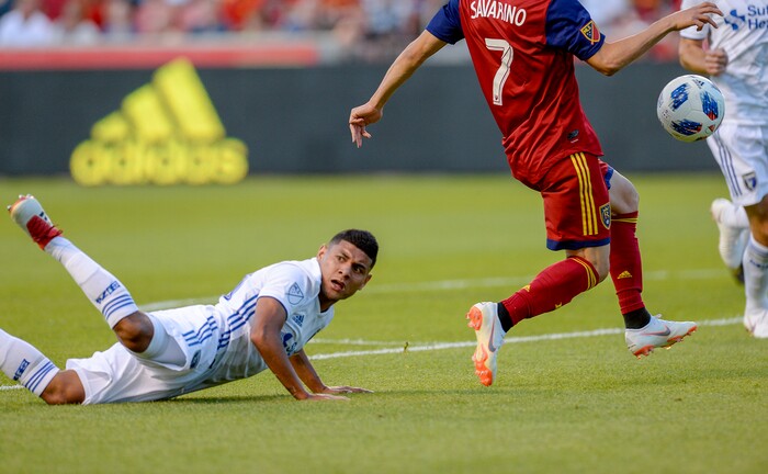 Leah Hogsten | The Salt Lake Tribune San Jose Earthquakes midfielder Kevin Partida (89) looks for the call as he gets tripped by Real Salt Lake forward Jefferson Savarino (7) as Real Salt Lake hosts the San Jose Earthquakes at Rio Tinto Stadium in Sandy, Utah, Saturday, June 23, 2018.