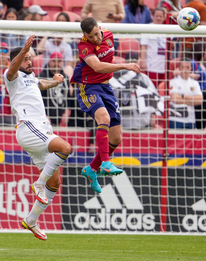 (Leah Hogsten | The Salt Lake Tribune) Real Salt Lake defender Aaron Herrera (22) and Los Angeles Galaxy defender Derrick Williams (3) jimp for a header as Real Salt Lake hosts LA Galaxy at Rio Tinto Stadium, Saturday, April 30, 2022. Real Salt Lake defender Marcelo Silva (30) scored the one goal to win the match 1-0.