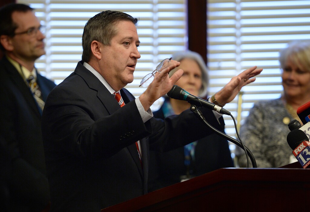 (Scott Sommerdorf   |  The Salt Lake Tribune) Rep. Tim Quinn, R-Heber City, speaks during the Family Economic Prosperity Priorities press conference, Thursday, January 25, 2018. Quinn is sponsoring HB 148 Tax Revisions - that would eliminate the 1.75% tax on food.