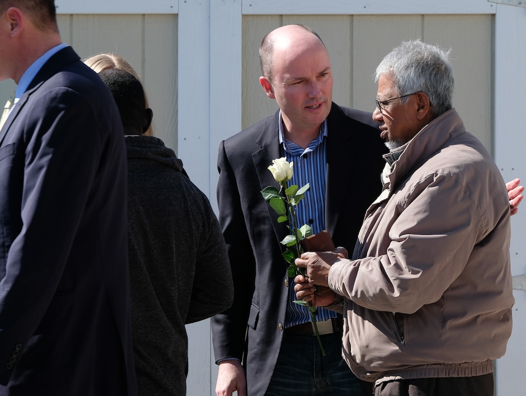 (Francisco Kjolseth  |  The Salt Lake Tribune)  Lt. Gov. Spencer Cox hands Abdus Samad a rose after attending prayer services on Friday, March 15, 2019, at the the small Al Sahaba Mosque in Orem in a sign of love and support following the tragic shooting in New Zealand. 