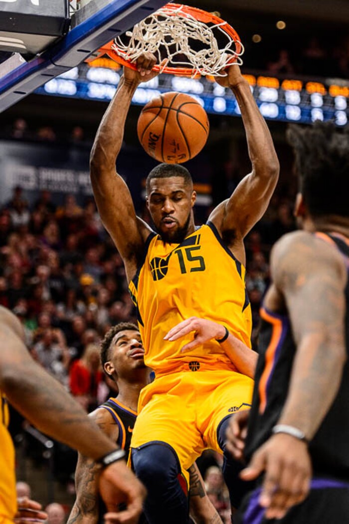 (Trent Nelson | The Salt Lake Tribune)  Utah Jazz forward Derrick Favors (15) dunks the ball as the Utah Jazz host the Phoenix Suns, NBA basketball in Salt Lake City, Wednesday Feb. 14, 2018.