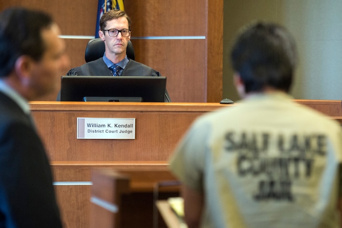 (Chris Detrick  |  The Salt Lake Tribune)   Mario Cervantes-Angel speaks to District Court Judge William K. Kendall during his sentencing at the West Jordan Courthouse Tuesday, September 19, 2017. Mario Cervantes-Angel, 29, pleaded guilty Tuesday to two counts of first-degree felony aggravated murder for the July 6, 2016 shooting deaths of 15-year-old Abril Izazaga and her brother, 16-year-old Jose Izazaga, outside of a Salt Lake County apartment complex.