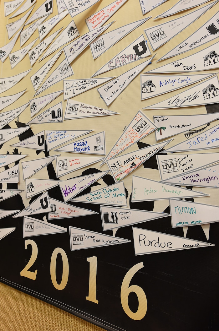 (Francisco Kjolseth  |  The Salt Lake Tribune)  For the second consecutive year, Lindon charter school Karl G. Maeser Preparatory Academy was named Utah's best high school by U.S. News and World Report. The various colleges students plan to attend are dispelled in the hall on Tuesday, May 8, 2018. 