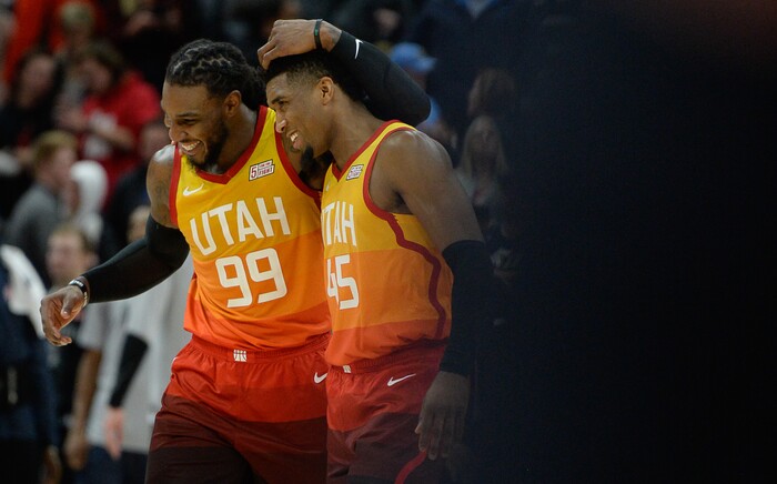 (Francisco Kjolseth  |  The Salt Lake Tribune)  Utah Jazz guard Donovan Mitchell (45) and Utah Jazz forward Jae Crowder (99) celebrate play agains the Pistons in their NBA game at Vivint Smart Home Arena Monday, Jan. 14, 2019, in Salt Lake City.