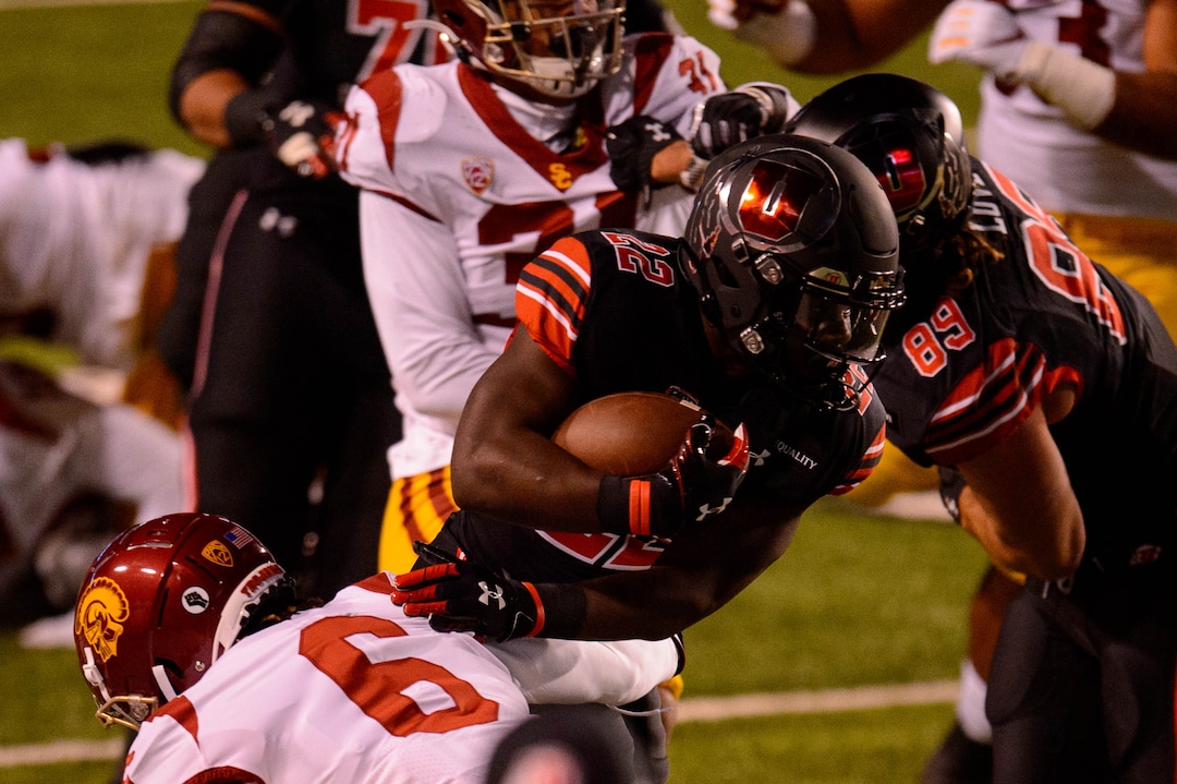 (Trent Nelson  |  The Salt Lake Tribune) Utah Utes running back Ty Jordan (22) as the Utah Utes host the USC Trojans, NCAA football at Rice-Eccles Stadium in Salt Lake City on Saturday, Nov. 21, 2020.