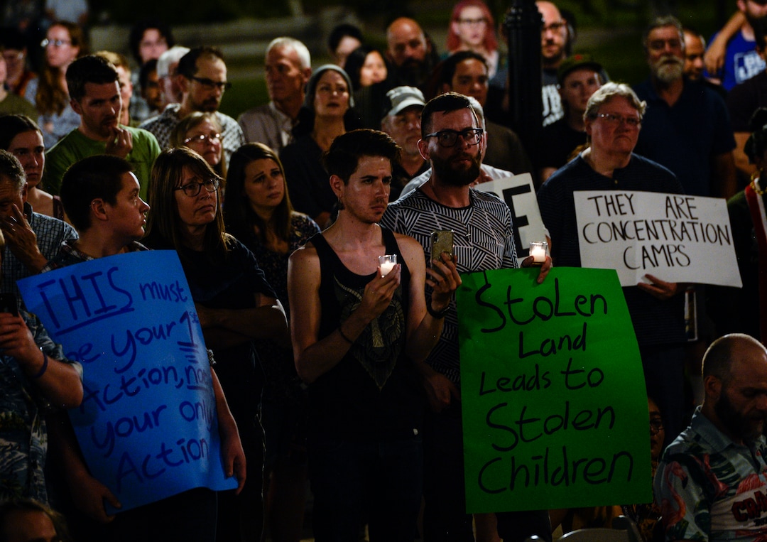 (Leah Hogsten  |  The Salt Lake Tribune) Over 150 people attended Lights for Liberty: A Vigil to End Human Detention Camps at Washington Square, July 12, 2019 to protest the inhumane conditions faced by refugees.