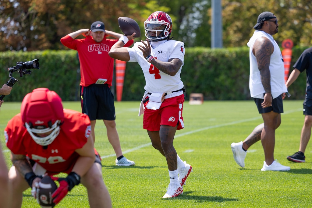 (Utah Athletics) Ute quarterback Devon Dampier throws on the first day of fall camp in Salt Lake City, July 30, 2025.