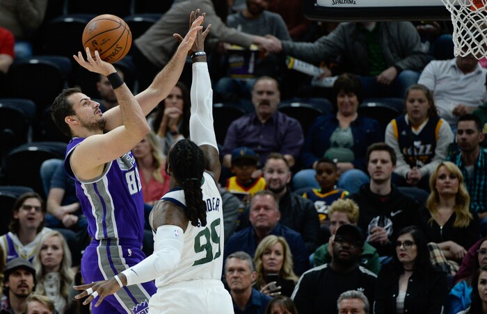 (Francisco Kjolseth  |  The Salt Lake Tribune)  Sacramento Kings forward Nemanja Bjelica (88) shoots over Utah Jazz forward Jae Crowder (99) as the Utah Jazz host the Sacramento Kings in their NBA game at Vivint Smart Home Arena Friday, April 5, 2019, in Salt Lake City.
