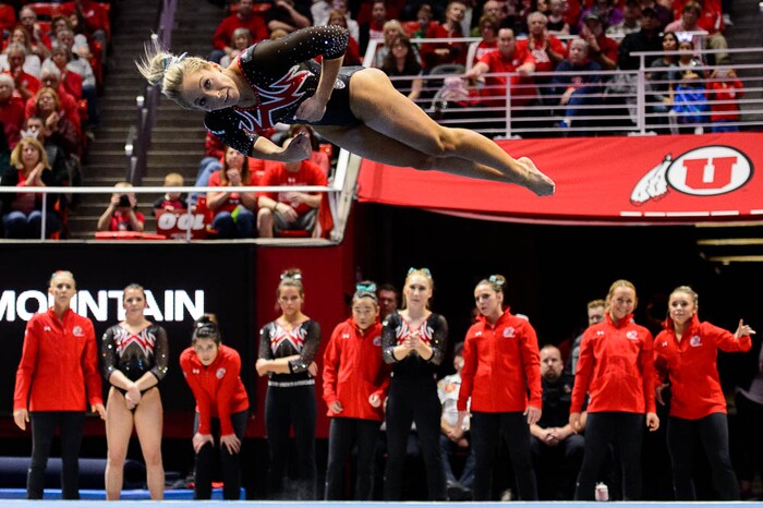 (Trent Nelson | The Salt Lake Tribune)  MyKayla Skinner  on floor as Utah hosts Washington, NCAA gymnastics in Salt Lake City, Saturday February 3, 2018.