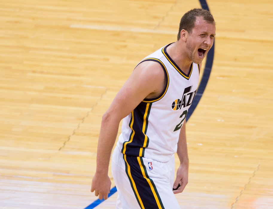 Steve Griffin | The Salt Lake Tribune
Utah Jazz forward Joe Ingles (2) screams and gets the fans into it after nailing a three-pointer during the Utah Jazz versus Dallas Mavericks NBA action at Vivint Smart Home Arena in Salt Lake City, Monday, April 11, 2016.