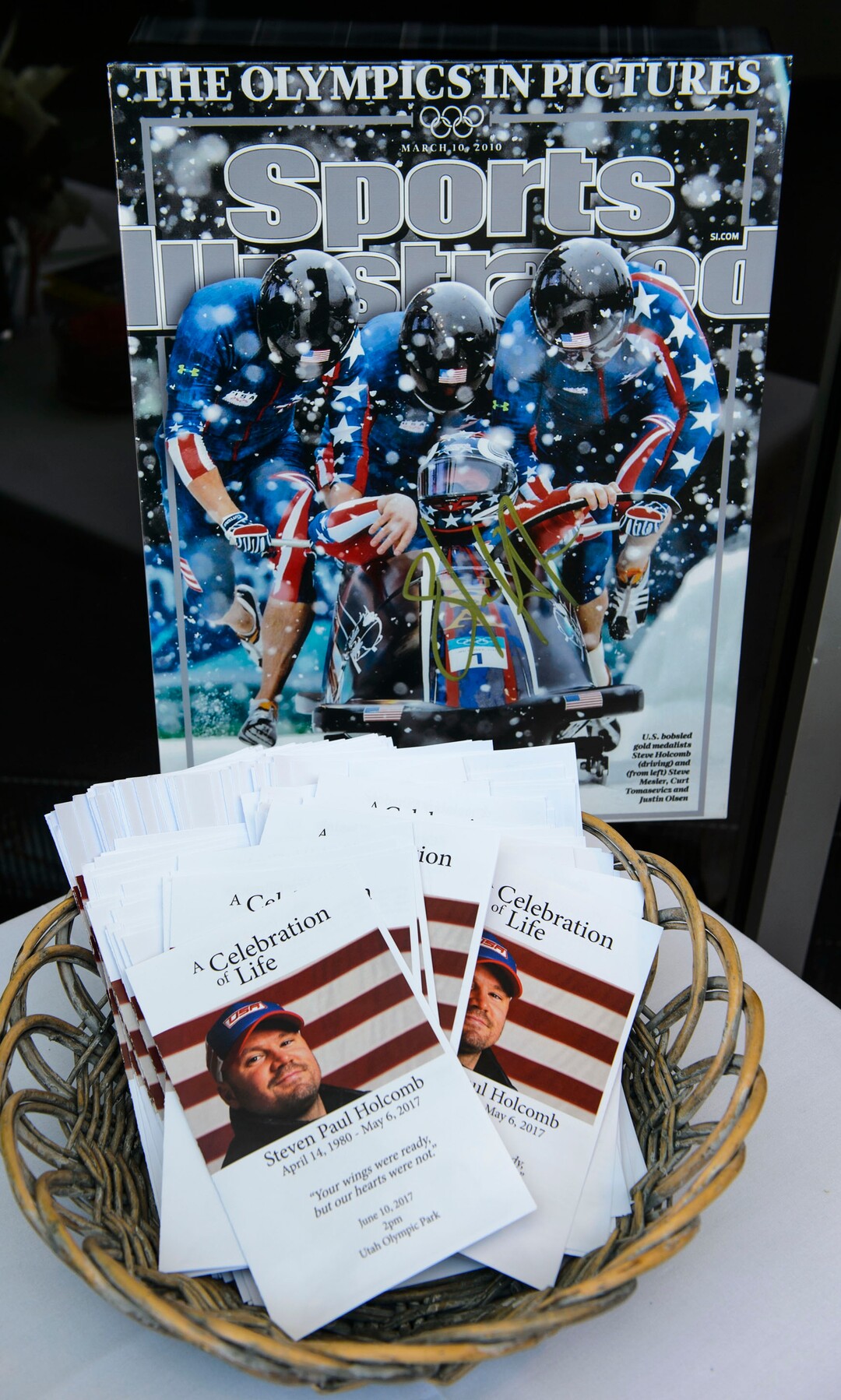 Steve Griffin  |  The Salt Lake TribuneThe program for A Celebration of Life for Steve Holcomb as Park City and the Holcomb family and friends hold a memorial to honor the late 37-year-old Park City gold medalist bobsledder who passed away suddenly in Lake Placid last month. The remembrance was held in the summer pavilion at Utah Olympic Park Park City Saturday June 10, 2017.