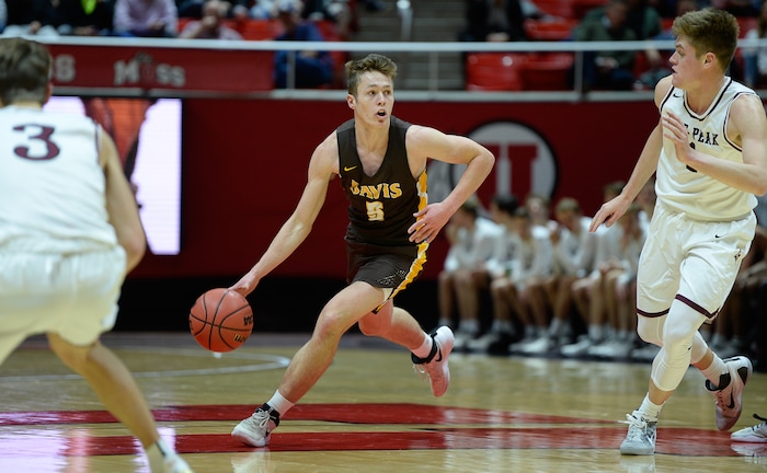 (Francisco Kjolseth  |  The Salt Lake Tribune)  Davis vs Lone Peak, 6A State high school basketball tournament at the Huntsman Center in Salt Lake City, Thursday March 1, 2018. Josh Sanders (5) 