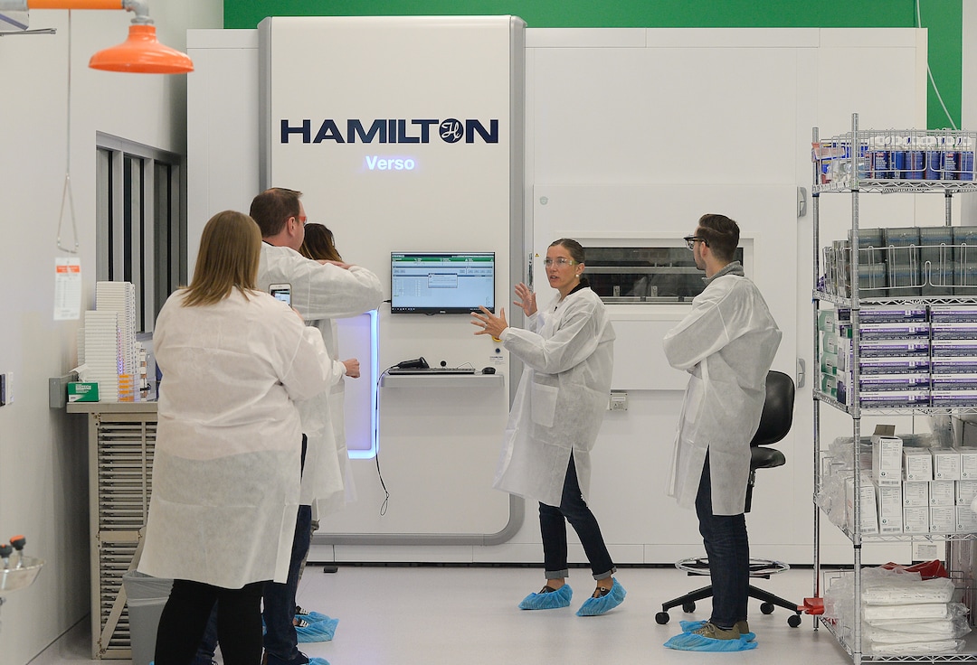 (Francisco Kjolseth  |  The Salt Lake Tribune)  Salt Lake City mayoral candidate Erin Mendenhall, center, tours Recursion Pharmaceuticals at The Gateway before unveiling her plan for building a tech ecosystem for the city on Monday, Oct. 7, 2019. The Hamilton is described as a high tech automated pharmacy that stores chemicals that could be used in pharmaceuticals.